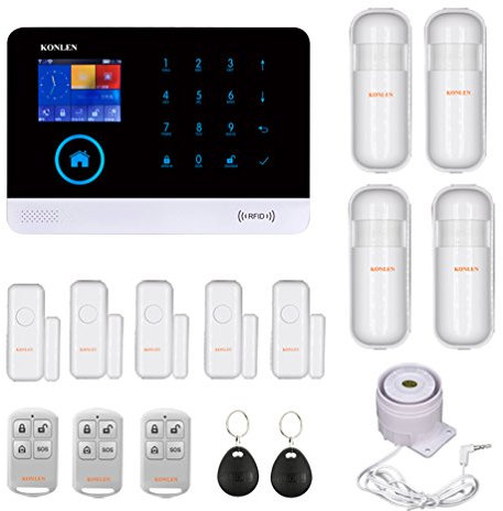 KONLEN Voice LCD WIFI GSM SIM Home Security Alarm System RFID Touch Wireless SMS Call App Alert Android IOS Burglar House Smart DIY Kit with 5 Door 4 PIR Detector