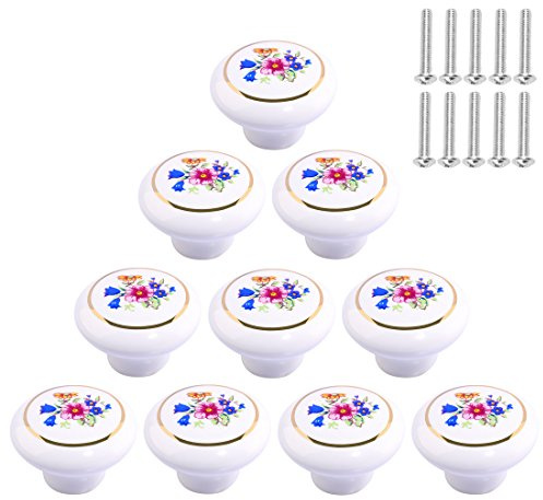 Lommer Möbelknopf Keramik 10 Pcs Europäisch Blume Möbelknöpfe, Möbelgriff Mode Keramik Kinder Porzellan Knopf für Schränke Schublade Kleiderschrank und Andere Möbel, Weiß (Blume)