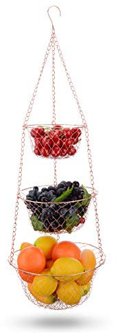 IBERG 3-Tier Fruit Basket Hanging Baskets for Storage - Kitchen Bathroom Organizer (Copper)