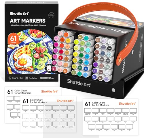 Shuttle Art Rotulador de 61 Colores, 60 Colores más 1 Mezclador Rotuladores Alcohol Permanent, Rotulador Doble Punta con Estuche Perfecto para Ilustración Adultos Colorear Dibujar y Tarjetería