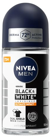 NIVEA MEN Black & White Invisible Ultimate Impact Roll-on 50 ml, Deodorante uomo antitraspirante 72h, Deodorante roll on anti odori, sudore, residui, irritazioni e macchie, Profumo rinfrescante
