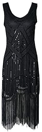 Hahaemma 1920-tals-vintageklänning, flapper-/charleston-klänning, Great Gatsby, med paljetter, tofsar och fåll, som examensbalklänning, aftonklänning, cocktailklänning eller kostymklänning