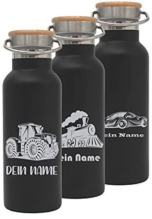 Generisch Trinkflasche personalisiert/schwarz/Fahrzeug-Motive mit Namen/Edelstahl mit Bambusdeckel 500ml / Isolierte Thermosflasche/BPA-Frei/nachhaltig/auslaufsicher/langlebig