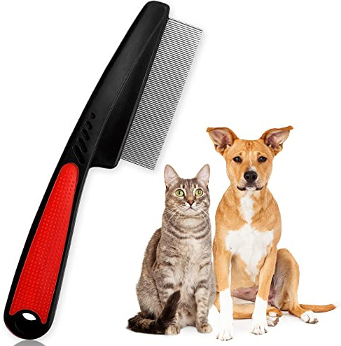 ExceLife Pettine antipulci per cani e gatti, manico in gomma, pettine per peli di cani, in acciaio inox, per rimuovere macchie di lacrime, pulci, forfora, pidocchi (rosso)
