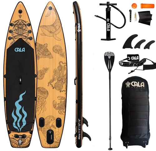 CALA Mana 2026 Stand Up Paddling Board aufblasbares SUP Board Set, robustes Surfboard mit 20% Seegras-Anteil inkl. Voll-Carbon Paddel (640g), Reparatursatz, Pumpe, Rucksack, 2 Finnen, Ventil und Kappe