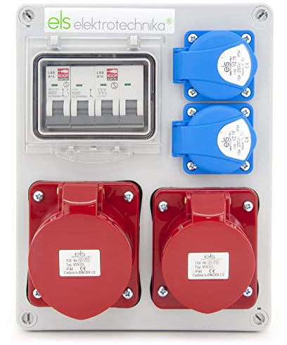 ELS Elektrotechnika Steckdosenverteiler Baustromverteiler Wandverteiler mit Schuko Steckdosen 2x230V + 1x LS B16 & 1x CEE 16A + LS B16 und 1x CEE 32A (nicht abgesichert) für Werkstätten und Fabriken