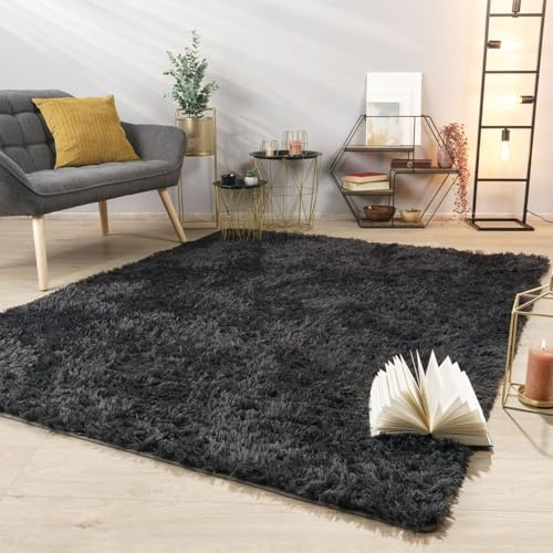 TT Home Teppich Wohnzimmer Hochflor Langflor Weich Soft Modernes Einfarbiges Design, Farbe: Grau Anthrazit, Größe:200x290 cm