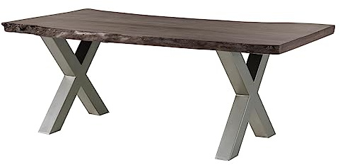 MASSIVMOEBEL24.DE | Baumtisch Akazie Freeform 5 - Verschiedene Größen, Gestelle und Farben, Farbe:grau lackiert, Größe:220x100 cm, Gestell:X-Beine Silber matt