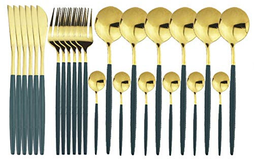 24 stücke Gold Geschirr Set 18/10 Edelstahlbesteck Set Gabelmesser Löffel Geschirr Set Flatware Set Silberwaren Set essgeschirr (Color : Green Gold)