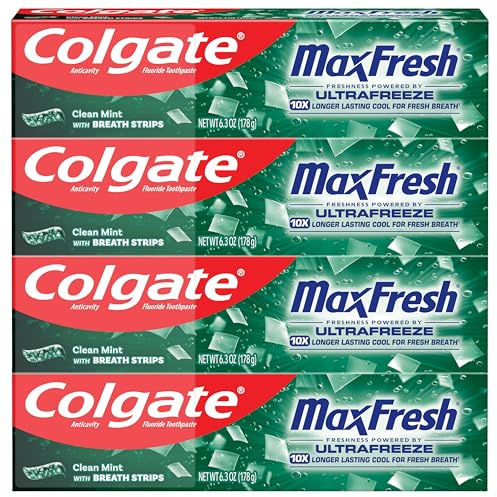 Colgate MaxFresh Clean Mint Toothpaste Pack, Fresh Breath Toothpaste with Fluoride and Hundreds of Mini Breath Strips, Leaves Mouth Feeling Refreshed for Hours, 4 Pack, 6.3 oz