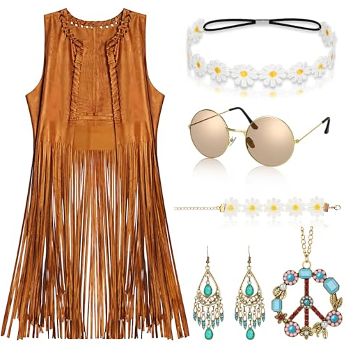 Alintor Hippie Kostüm Damen, 70er Jahre Outfit Damen, Hippie Weste mit Accessoires, Flower Power Fransenweste Kleidung, Faschingskostüme, Karnevalskostüme