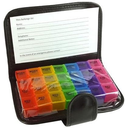 Tablettenbox 7 Tage 4 Fächer, Leder Morgens Abends Pillendose Reise Medikamentenbox für Unterwegs Regenbogen Pillen Tablettentasche Tragbare Tablettendose für Medikamente, Vitamine, Fischöl