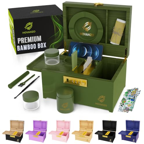 HOVANZO Upgraded Premium Large Bamboo Box - Locking Storage Decorative Box with Combination Lock - Wood Kit with lid - Wooden Locking Storage with Removable Tray and Jars