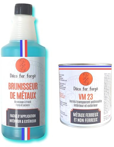 DECO FER FORGE -Brunisseur Metaux Vernis Peinture Antirouille- Metal Concentre à Froid Fer Acier Laiton Bronze Cuivre Arme -Brunissage Noir Durable Efficace Rapide Facile 25 CL - Anti Corrosion 70 CL