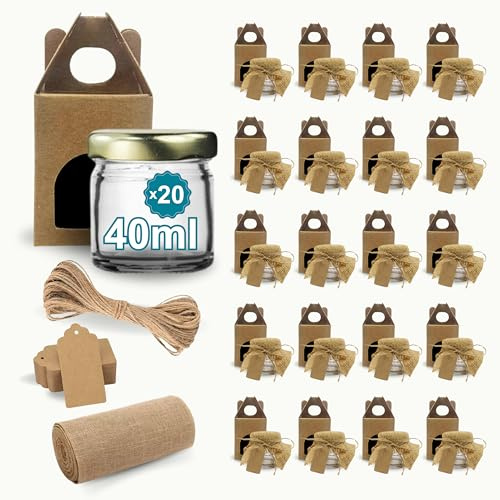 Espirito Rebelde 20 Pots en Verre Vides 40 ml avec Couvercle + Boîtes + Tissu + Ficelle de Jute + Étiquettes Kraft | Confiture, Conserves, Miel | Souvenirs de Mariage