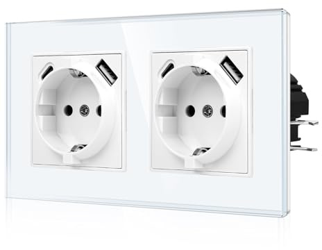 CNBINGO USB Steckdose mit Krallen, 2x USB-A/C, 2-Fach, Weiß Glas | Schuko Doppelsteckdose Unterputz mit mit USB-Anschluss, Ausgabe 2.1 Amp, Zweifach Wandsteckdose mit Kindersicherung