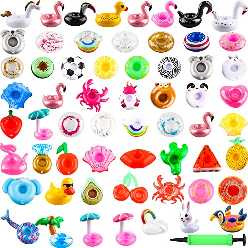 Sonarun 60 Pack Inflatable Drink Holders Inflatable Pool Cup Coasters Inflatable Drinking Cup Holder with Air Pump for Swimming Pool Beach Holiday Party Supplies