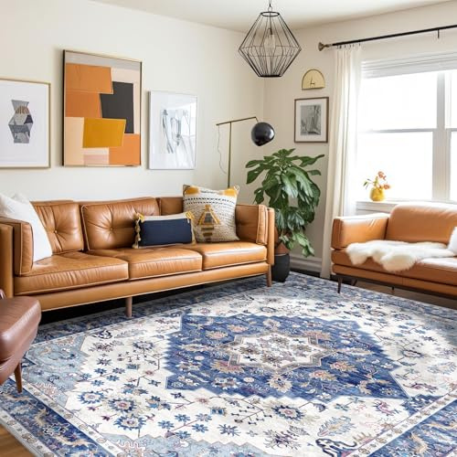 Vamcheer Vintage Teppich Wohnzimmer Waschbar Blau 240x340 cm | Kurzflor, rutschfeste Rückseite, flache Struktur, orientalisches Design, für Esszimmer und Schlafzimmer