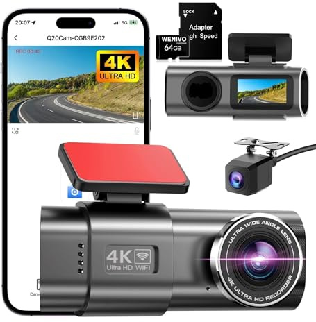 4K Front Rear Dashcam for Car Van Security Parking Mini Dash Camera Video DVR Recorder Blackbox Wi-Fi APP GPS Tracker IPS Screen Night Vision G-Sensor 170 Wide Angle WDR 24h Parking Monitor Kit 64GB