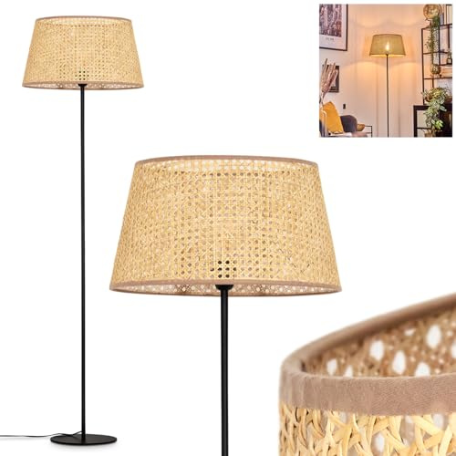 Stehleuchte Barcos, Stehlampe aus Metall/Rattan in Schwarz/Naturfarben/Beige, Leuchte im skandinavischen Design mit rundem Schirm (Ø 45 cm) u. Fußschalter, 154,5 cm, 1x E27, ohne Leuchtmittel