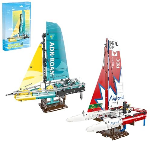 Segelboot Bausteine Set, 2 Segelschiff Modell Bausatz, Typ 65 Segelboot und F50 Tragflügel Katamaran Segelboot Bausteine Modell, Schiff Spielzeug Geschenke für Erwachsene und Kinder