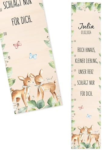 Bärenfreunde® - Personalisierte Messlatte Kind Holz zum Kleben oder Aufhängen - Skala 70-140cm - Süße Dekoration für Baby- & Kleinkinderzimmer (Kinder 70-140cm, 2 Rehe Zweige)