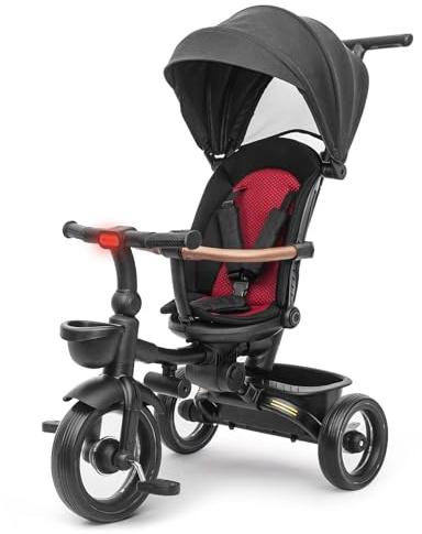 Baby Tricycle,7 in 1 Foldable Trike for Kids age 10M+ to 5 Years,Headlights.1-Step Brake Folding Pedal, Extended Canopy, Detachable Guardrail (618, Red-Black)