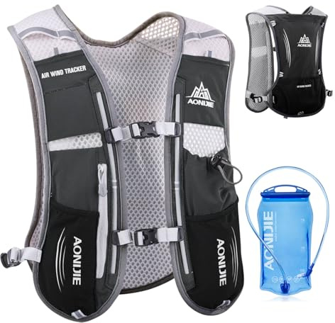 TRIWONDER 5L Trinkrucksack, Ultraleicht Laufweste, Laufrucksack mit 1.5L Trinkblase oder 500ML Flasche Fahrradrucksack für Laufen, Marathon Radfahren (Schwarz - mit 1.5L Wasseblase, Einheitsgröße)
