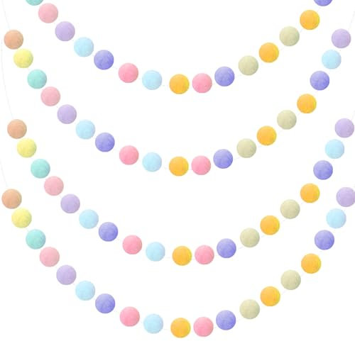 4 Pack Colorful Pom Pom Garland, 2m Long 30 Balls Felt Ball Garland for Wall Bulletin Board Playroom Christmas Party Birthday Decoration, Pastel Rainbow