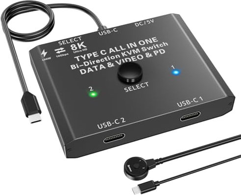 YOUTINGHDAV Conmutador USB C 2 en 1 out, USB C KVM Switch 2 ordenadores portátiles, 1 monitor 4K @ 120 Hz, 100 W PD/USB3.1 Gen 2/10 Gbps /Wired Remote