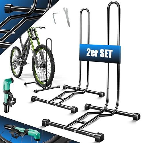 KESSER® Fahrradständer Boden einzeln für Mountainbike, E-Bike, Citybike, Rennrad, MTB | Fahrrad Montageständer | Freistehender Fahrradhalter Ständer Eisen | Reifenbreite bis 65mm | Inkl. Luftpumpe