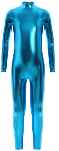 Moggemol Kids Boys Girls Long Sleeve Metallic Dance Gymnastic Leotard Mock Neck Full Body Unitard Shiny Catsuit Blue 6-8 Years