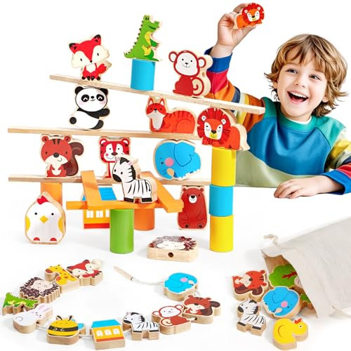 Atoylink 35Pcs Fädelspiel Holzspielzeug ab 3 Jahre, Stapelspiel Spielzeug mit Holztiere Bauklötze Holz, Montessori Motorikspielzeug Lernspielzeug Geschenke für Kinder Mädchen Jungen 2 3 4 5 Jahre