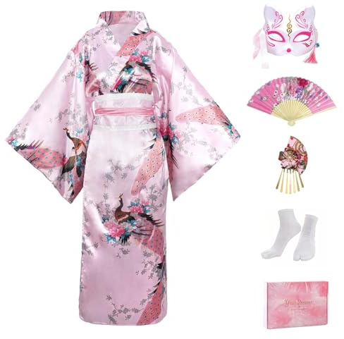CRFASIBE 5 Pezzi Kimono Giapponese Donna, Elegante Vestaglia in Stile Yukata, Set Completo con Accessori, Idealper Cosplay, Carnevale, Fotografia, Festa a tema(Rosa)