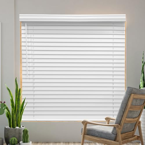 AIRLAJYID Cordless Faux Wood Blinds 27 W x 36 H, 2 Inch Slat Horizontal Windows Blinds with Crown Valance, Room Darkening Blinds, White Blinds for Home Interiors.