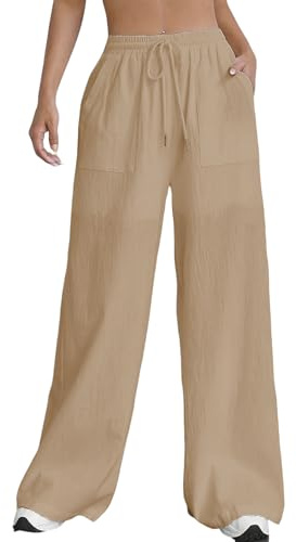 Nuofengkudu Verano Pantalones Mujer Anchos Bolsillos Cordón Ajustable Goma Cintura Alta Ligeros Transpirables Liso Cómodos Largo Pantalon Pijama Holgados Yoga Playa Vacaciones Jogger Caqui XL
