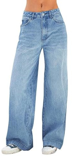 EMMIOL Women's 2026 Wide Leg Jeans Distress Mid Waist Denim Pants Vintage Y2K Trousers(Light Blue,XS)