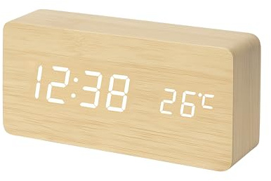 iTOMA Kleiner Holz-Wecker mit 3 Alarmen, manuellem Dimmer, 12-/24-Stunden-Format und weißer LED-Anzeige für Schlafzimmer