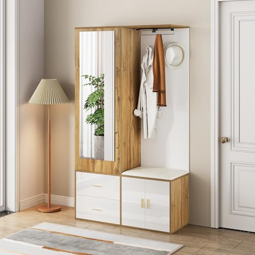 sogesfurniture Garderobe Set mit Spiegel, 2 Kleiderhaken, ausziehbarer Kleiderstange, Schuhbank, Flurgarderobe Kleiderschrank mit 2 Schubladen, für Flur und Eingangsbereich, 100x38x180cm