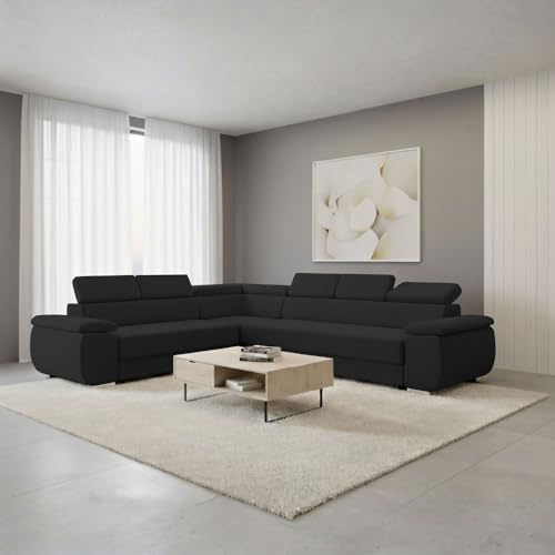 FORNIRO 24 Dantino Ecksofa 318x255x79 Schwarz Wohnzimmer Couch Schlafsofa | Mit Schlaffunktion & Bettkasten - L-Form - Kissen - Stoff Basic | ausziehbar Gäste bequem Stauraum Design hochwertig Eckcouch