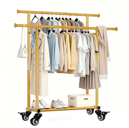 Sour Lemon kleiderständer auf rollen,Mobiler Stabil kleiderstange rollen | Gold Kleiderständer mit Rollen & Doppelstangen,Leichtlaufrollen,Schnellmontage für Schlafzimmer,Waschraum,Ankleidezimmer