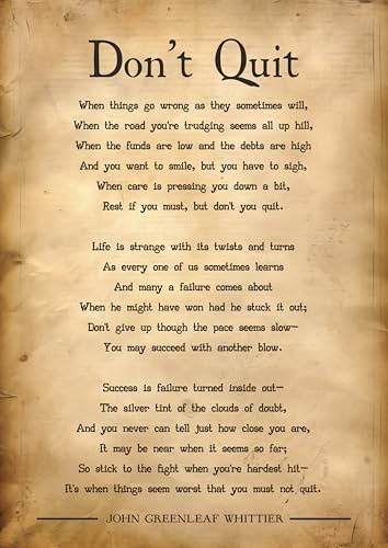 Don't Quit Old paper style Inspirational Poem by John Greenleaf Whittier, Vintage Style Motivational Wall Art Print. Size A4