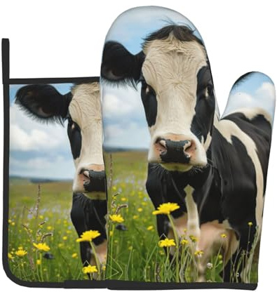 Juego de manoplas y soporte para ollas con estampado de vaca lechera, un imprescindible para cocina, horno, microondas y parrilla