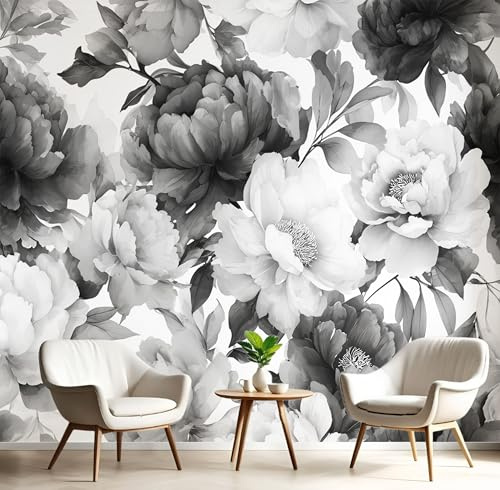 3D Carta Da Parati Panoramica Bianco Nero Fiori Di Peonia 150X105Cm Seta Murali Panoramica Piante Acquerellate Per Soggiorno,Adulto Camera Dei Bambini,Ristorante Decorazione