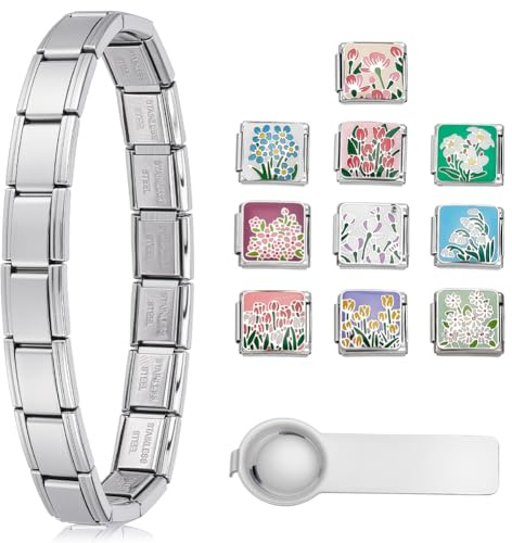 WEBEEDY Bracelet à Charnière en Acier Inoxydable Réglable avec Charmes Modulables et Outil D'Ouverture pour Personnaliser Bracelet Modulaire Italien pour Femmes Hommes Argenterie