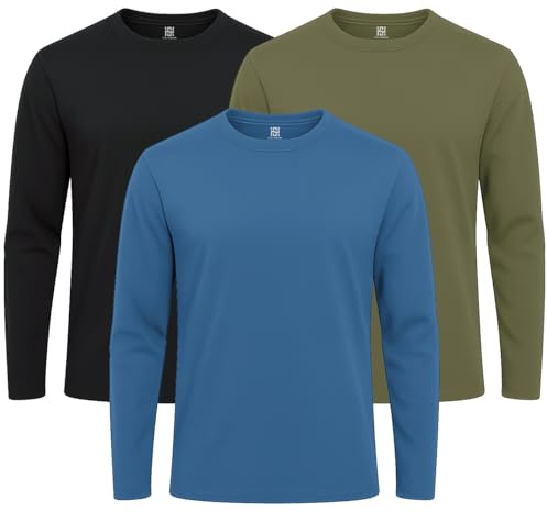 Style Horizon 3 Pack Mens Long Sleeve Crewneck Tshirts, 100% Cotton Casual Round Neck Full Sleeved Tops