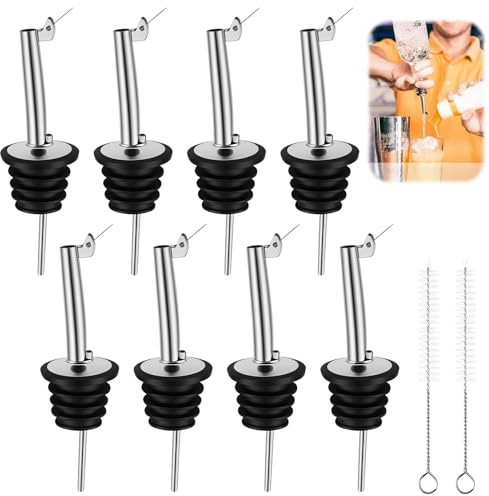NUDVMUCH 8 Piezas Vertedor de Botellas de Acero Inoxidable, Taper Vertedores Aceite con Tapa Abatible y Cepillos de Limpieza, Evita Goteos Indeseados en Bebidas, Cócteles, Aceite y Vino