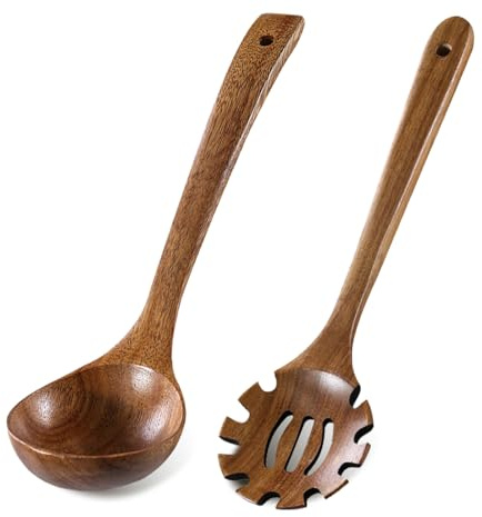 2PCS Wooden Ladle Set, wood ladle and Wooden Pasta Spoon with Hole, Durable Natural Wood, Non Scratch Cooking Tools for Soup, Pasta and Stirring