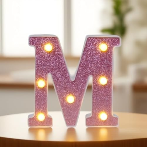 Rosa LED-Leuchtbuchstaben – Glitzer-Alphabet, batteriebetriebene Leuchtbuchstaben für Mädchenzimmer, Geburtstagsfeiern, Hochzeiten und Wanddekoration (M)