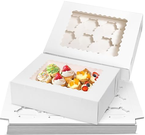 Lychico 12-Cupcake Carrier Box with Window（10 Pack） - Premium White Cardboard Pastry Box with Secure Lock, No-Glue Assembly for Transporting & Displaying Cupcakes, Muffins, Cookies